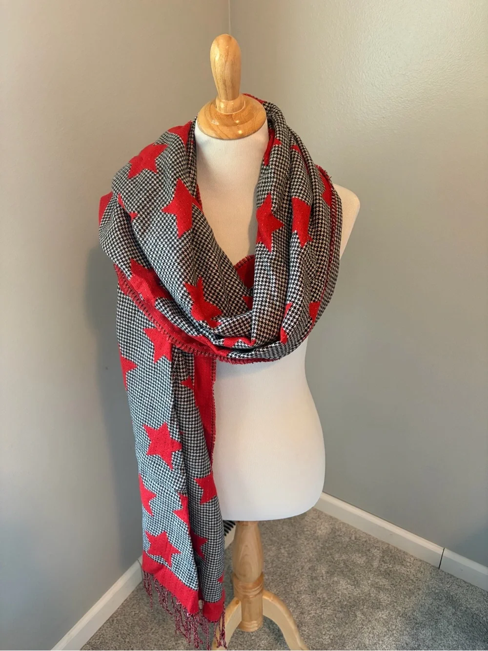 CAbi Red Star Houndstooth Wrap Scarf Vega